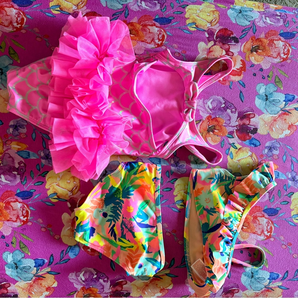 Cat & Jack Hot Pink Ruffle Swim One-Piece with Tropical Accent